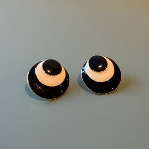 Vintage Navy Blue Cream Enamel Gold Dome Stud Earrings Statement